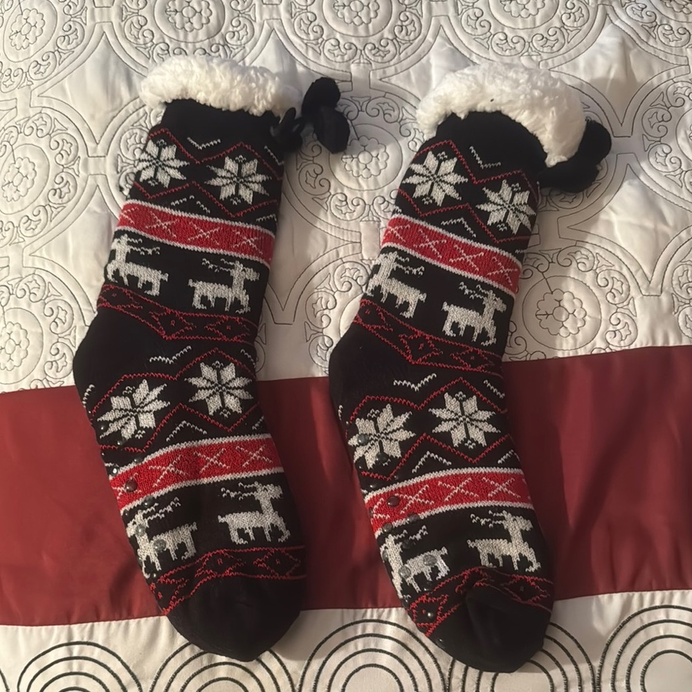 Black and Red Knit Socks with Reindeer